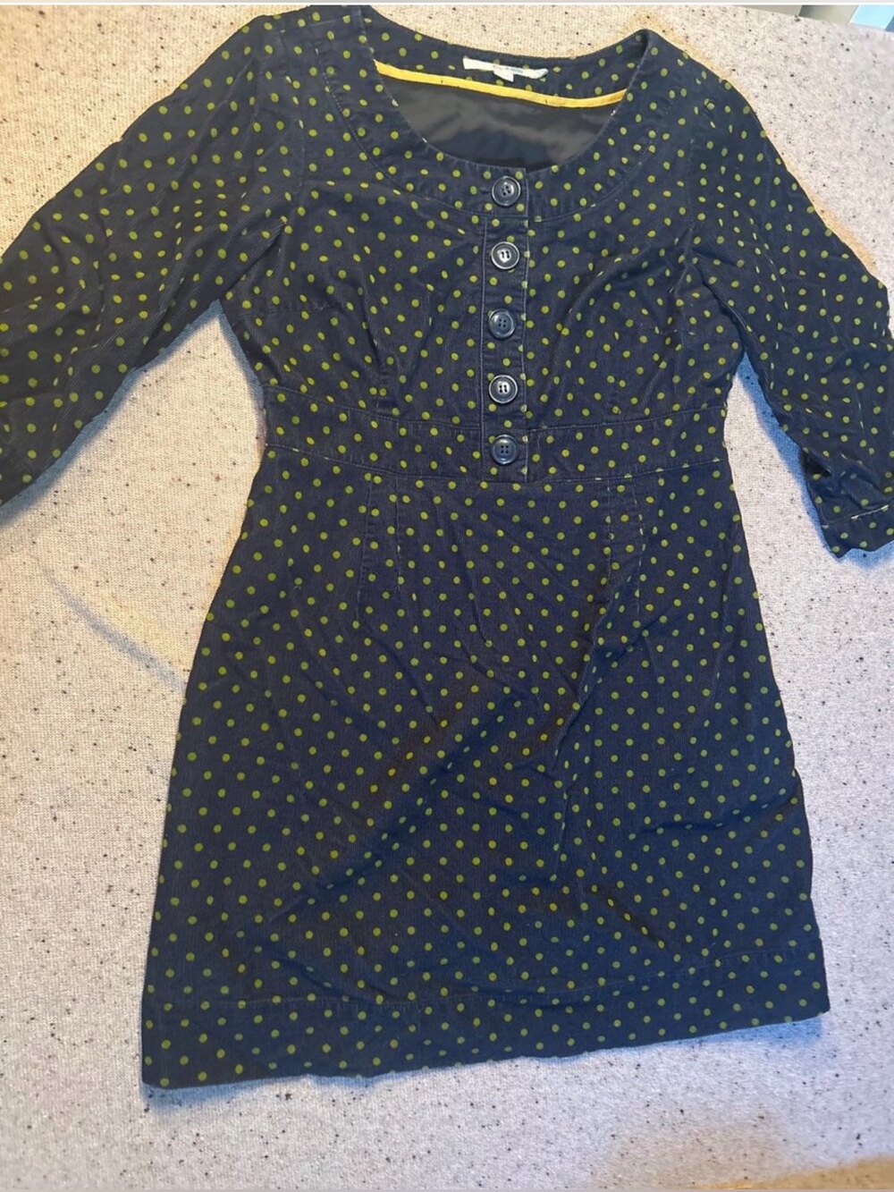 Boden Navy Corduroy Dress with Green Polka Dots